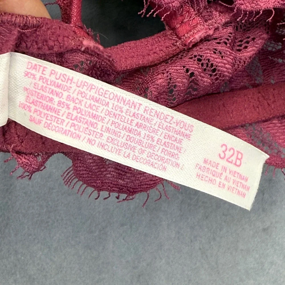 Victorias Secret PINK Date Push-Up Bra 32B Burgundy Floral Lace Underwire Padded